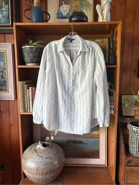 Coastal Grandma Preppy Chaps Blue White Striped Popover Blouse Top XL